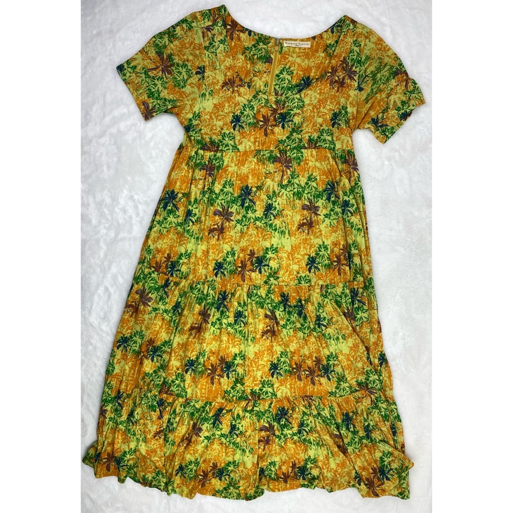 Wayward Fancies Eshakti Dress Large 14 Green Orange Palm Tree Lined Tiered